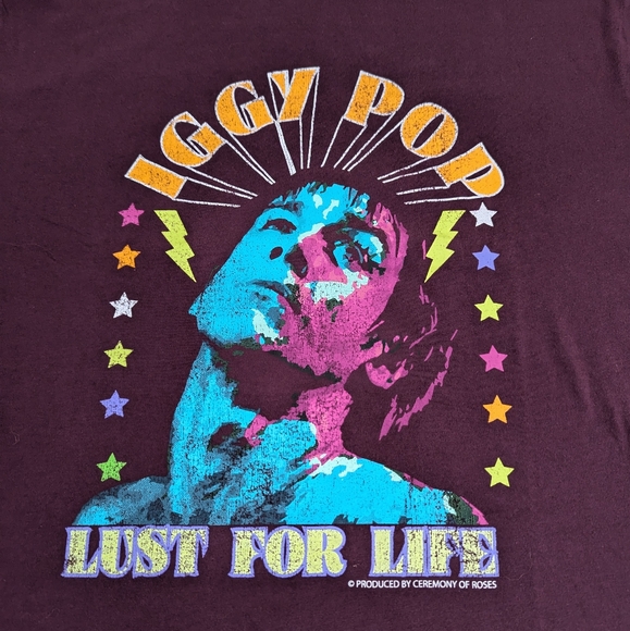Iggy Pop Lust for Life Purple Tee Shirt with Multicolired Graphic of Singer - Picture 2 of 8